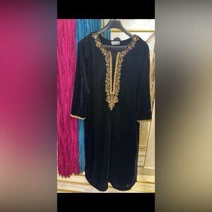 Black long velvet shirt with Gold Embroidery Pakistani style wedding wear